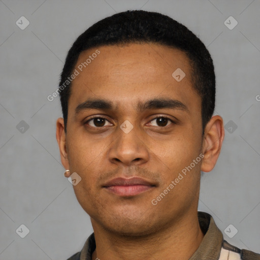 Neutral latino young-adult male with short  black hair and brown eyes