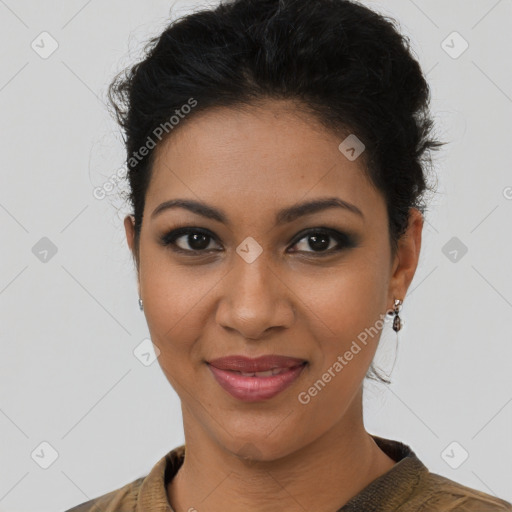 Joyful latino young-adult female with short  brown hair and brown eyes