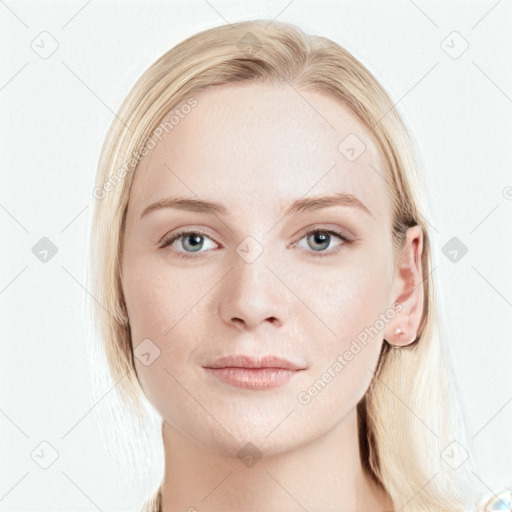 Joyful white young-adult female with long  brown hair and blue eyes