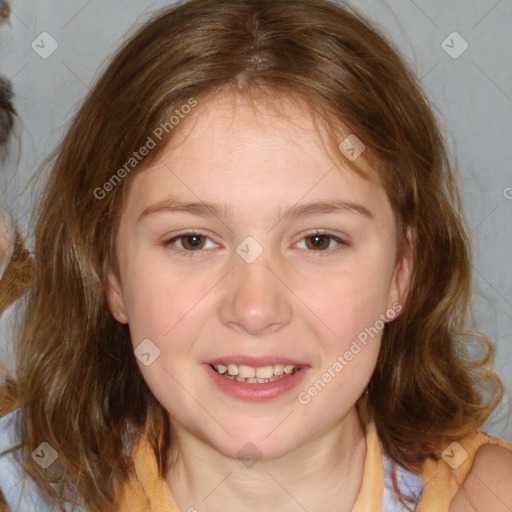 Joyful white child female with medium  brown hair and brown eyes