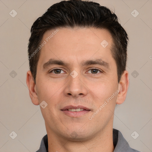 Joyful white young-adult male with short  brown hair and brown eyes