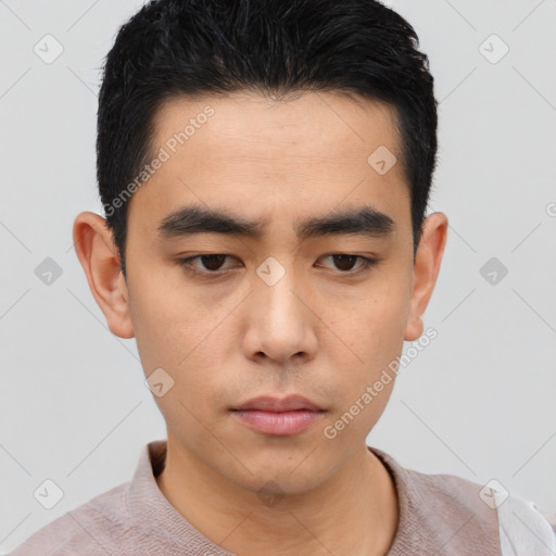 Neutral asian young-adult male with short  black hair and brown eyes