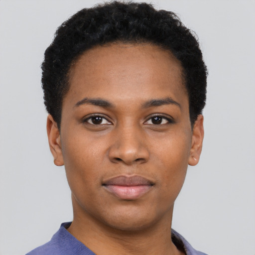 Neutral black young-adult female with short  black hair and brown eyes