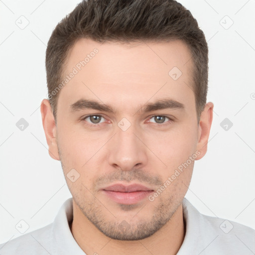 Neutral white young-adult male with short  brown hair and brown eyes