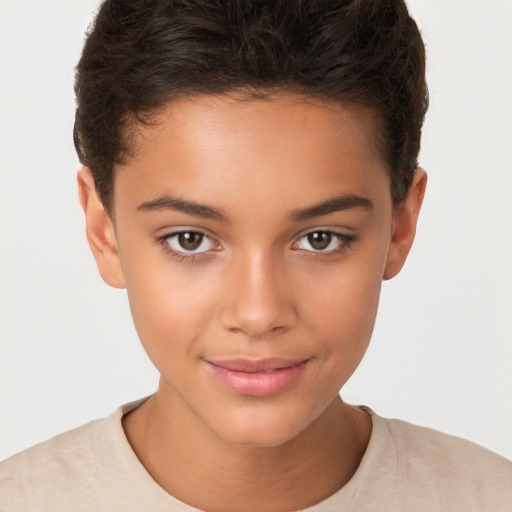 Joyful white child female with short  brown hair and brown eyes