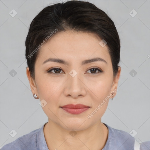 Joyful asian young-adult female with short  brown hair and brown eyes