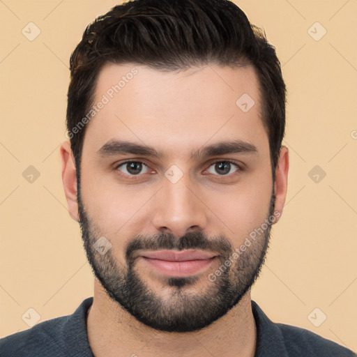 Joyful white young-adult male with short  black hair and brown eyes