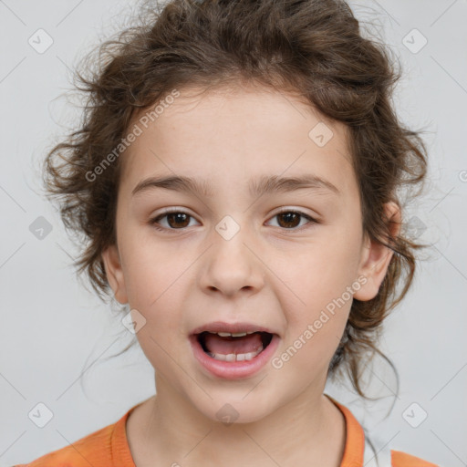 Joyful white child female with medium  brown hair and brown eyes