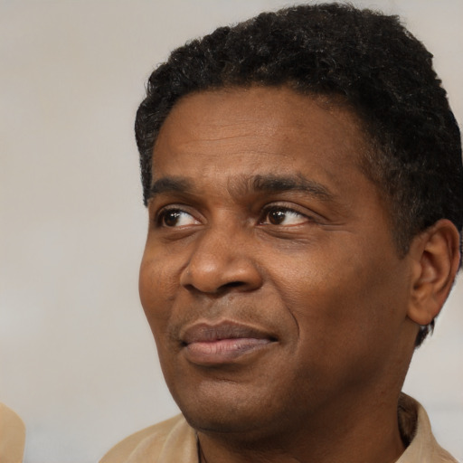 Joyful black adult male with short  black hair and brown eyes
