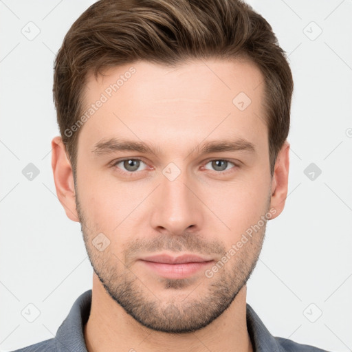 Neutral white young-adult male with short  brown hair and grey eyes