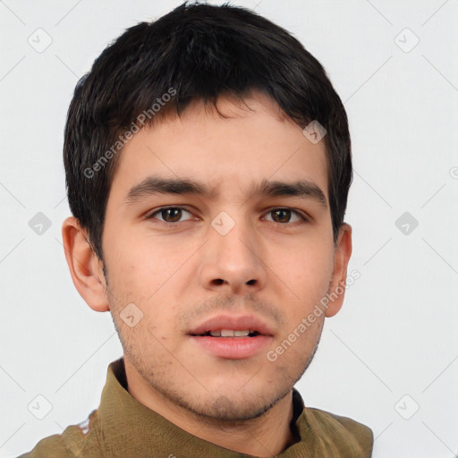 Neutral white young-adult male with short  brown hair and brown eyes