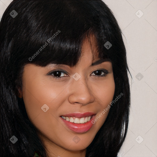 Joyful white young-adult female with long  brown hair and brown eyes