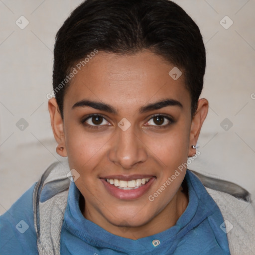 Joyful white young-adult female with short  brown hair and brown eyes