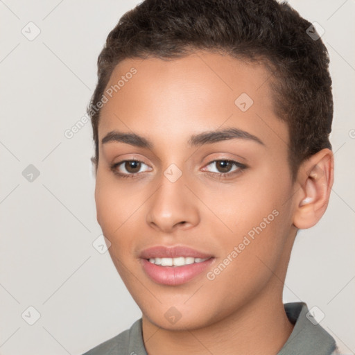 Joyful white young-adult female with short  brown hair and brown eyes