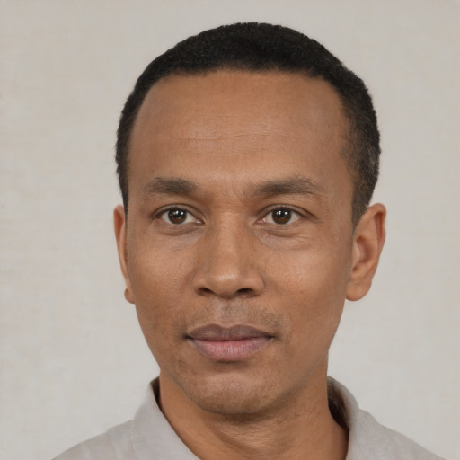 Neutral black adult male with short  black hair and brown eyes