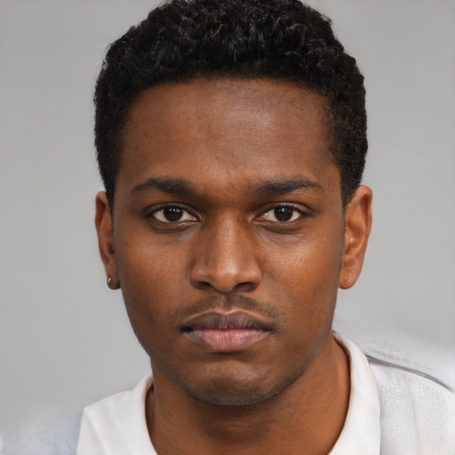 Neutral black young-adult male with short  black hair and brown eyes