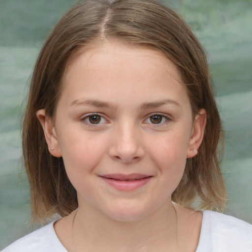 Joyful white child female with medium  brown hair and brown eyes