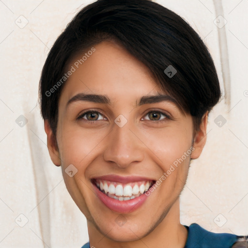 Joyful white young-adult female with short  brown hair and brown eyes