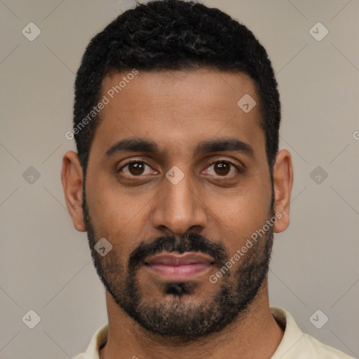Neutral black young-adult male with short  black hair and brown eyes