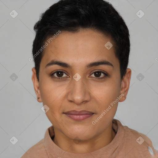 Joyful latino young-adult female with short  brown hair and brown eyes