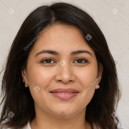 Joyful white adult female with medium  brown hair and brown eyes