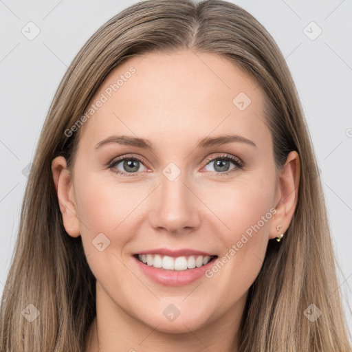 Joyful white young-adult female with long  brown hair and grey eyes