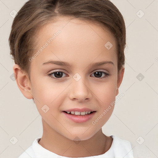 Joyful white child female with short  brown hair and brown eyes