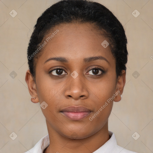 Neutral black young-adult female with short  brown hair and brown eyes