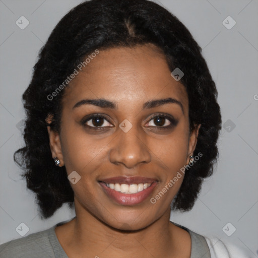 Joyful latino young-adult female with medium  black hair and brown eyes