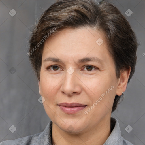 Joyful white adult female with short  brown hair and brown eyes