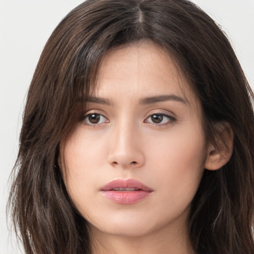 Neutral asian young-adult female with long  brown hair and brown eyes