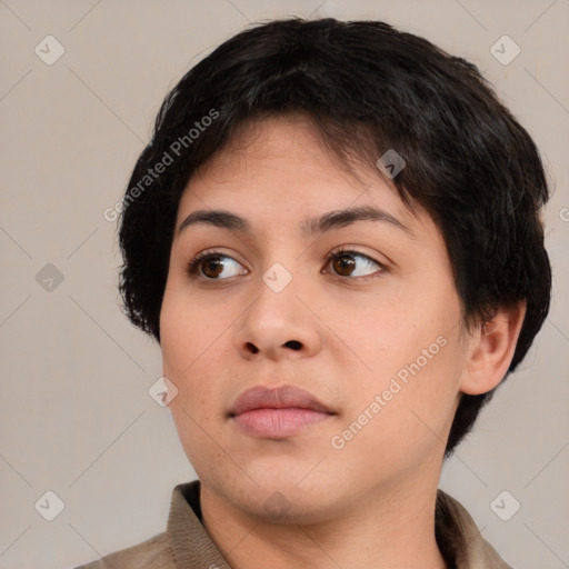 Neutral white young-adult female with medium  brown hair and brown eyes