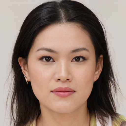 Neutral asian young-adult female with medium  brown hair and brown eyes