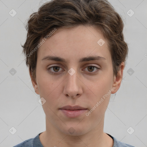 Neutral white young-adult female with short  brown hair and brown eyes