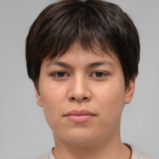 Neutral asian young-adult female with short  brown hair and brown eyes