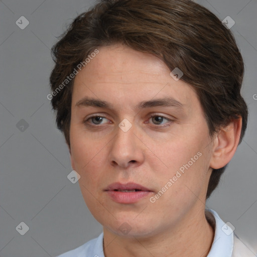 Neutral white adult female with short  brown hair and brown eyes