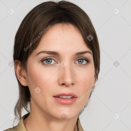 Neutral white young-adult female with medium  brown hair and grey eyes