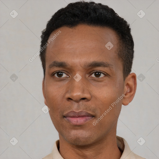 Neutral latino young-adult male with short  black hair and brown eyes