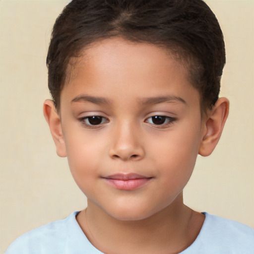 Joyful white child female with short  brown hair and brown eyes