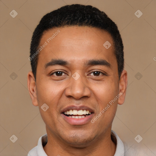 Joyful latino young-adult male with short  black hair and brown eyes