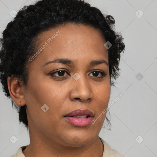 Neutral black adult female with short  black hair and brown eyes