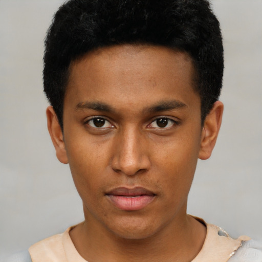 Neutral black young-adult male with short  black hair and brown eyes