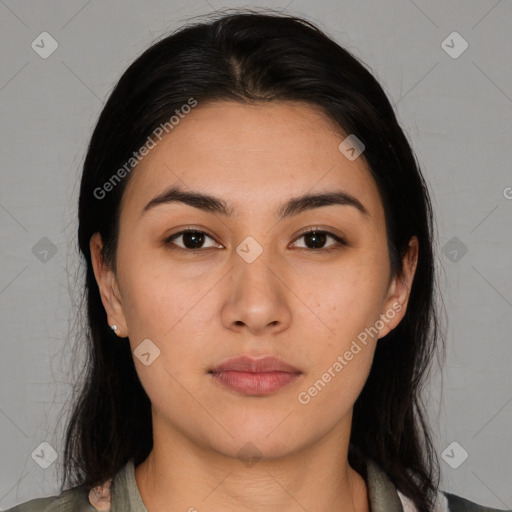 Neutral asian young-adult female with medium  brown hair and brown eyes