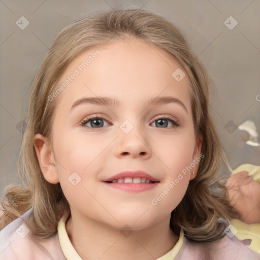 Joyful white child female with medium  brown hair and brown eyes