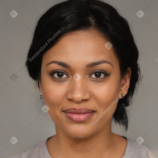 Joyful latino young-adult female with medium  black hair and brown eyes