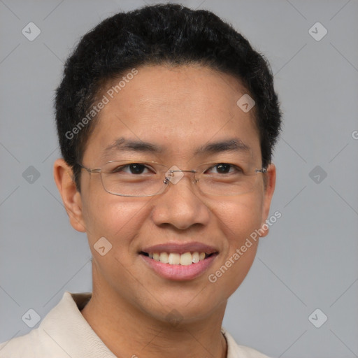 Joyful latino young-adult male with short  brown hair and brown eyes