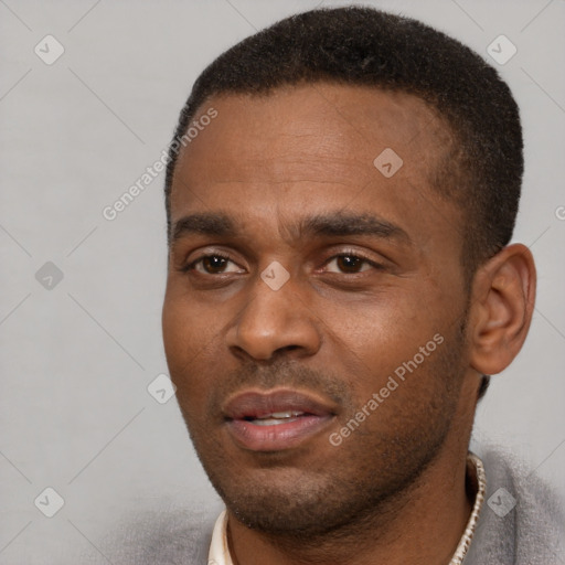 Neutral black young-adult male with short  black hair and brown eyes