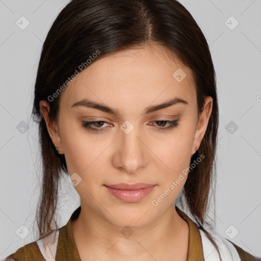 Joyful white young-adult female with medium  brown hair and brown eyes