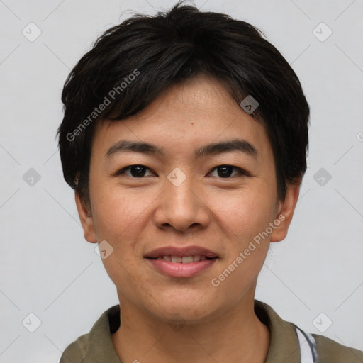 Joyful asian young-adult male with short  black hair and brown eyes