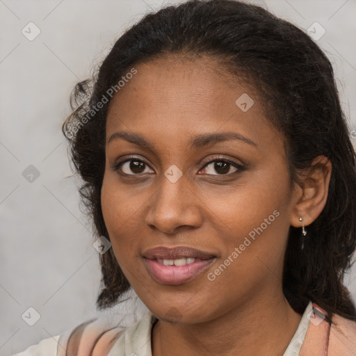 Joyful black young-adult female with medium  brown hair and brown eyes